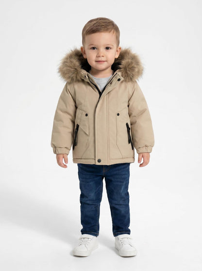 *SALE* Baby Boy Light Brown Bomber Jacket with Faux Fur Hood " 26014 "