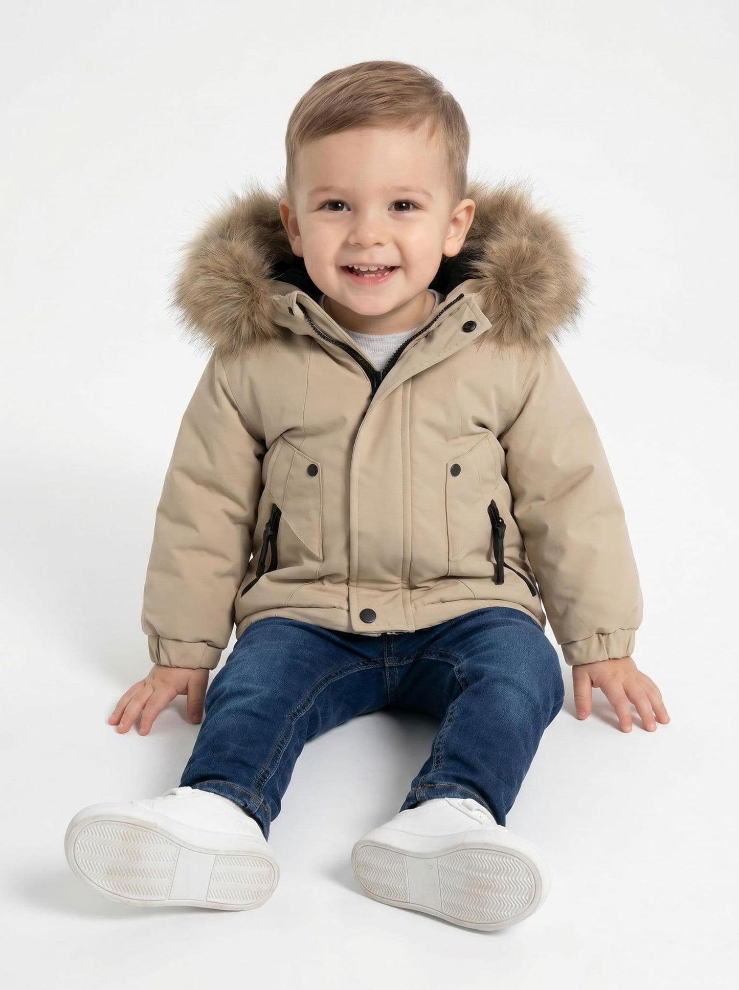 *SALE* Baby Boy Light Brown Bomber Jacket with Faux Fur Hood " 26014 "