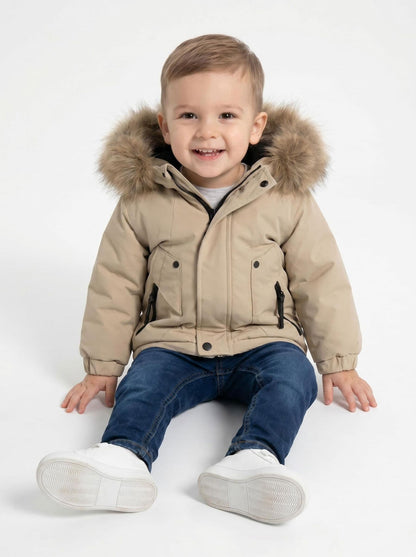 *SALE* Baby Boy Light Brown Bomber Jacket with Faux Fur Hood " 26014 "