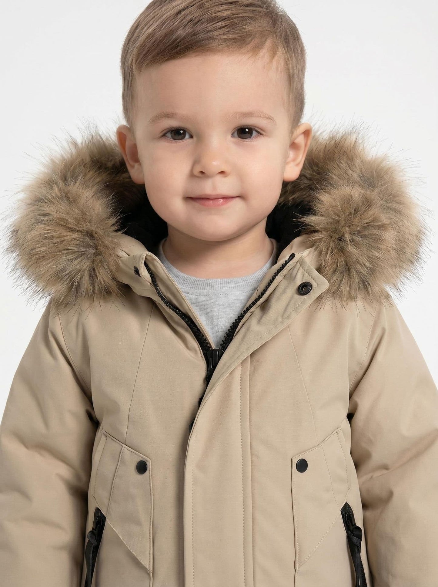 *SALE* Baby Boy Light Brown Bomber Jacket with Faux Fur Hood " 26014 "