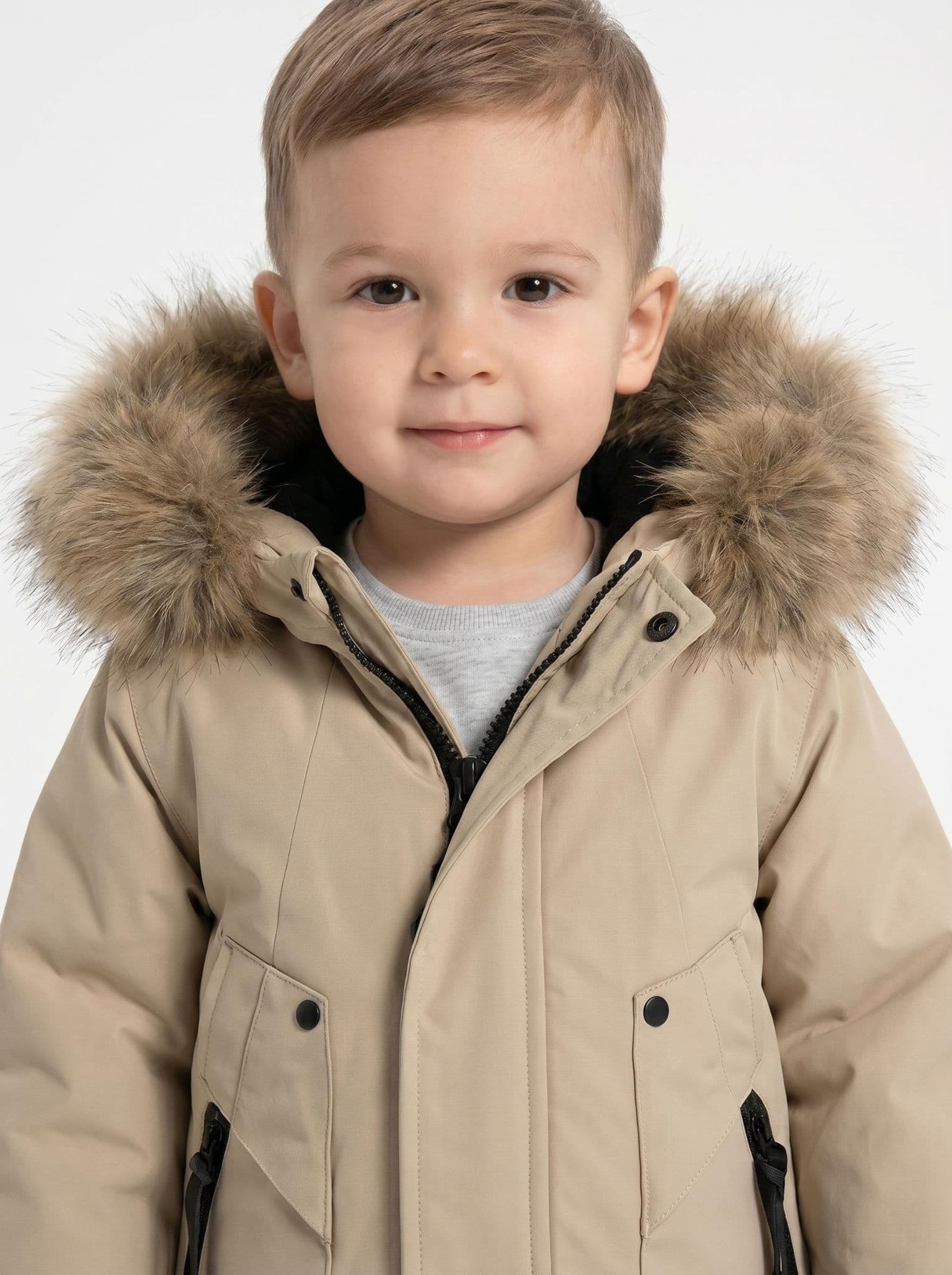 *SALE* Baby Boy Light Brown Bomber Jacket with Faux Fur Hood " 26014 "