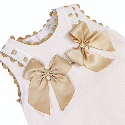 *SALE* Baby Girl Beige Bow Waffle Dress with White Fur Bottom "8612 Beige"