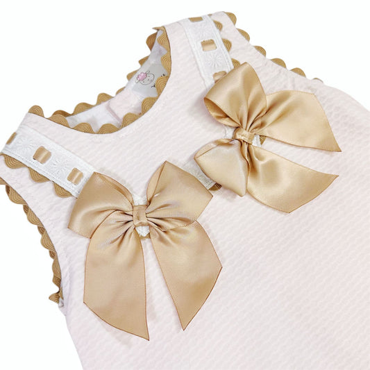 *SALE* Baby Girl Beige Bow Waffle Dress with White Fur Bottom "8612 Beige"