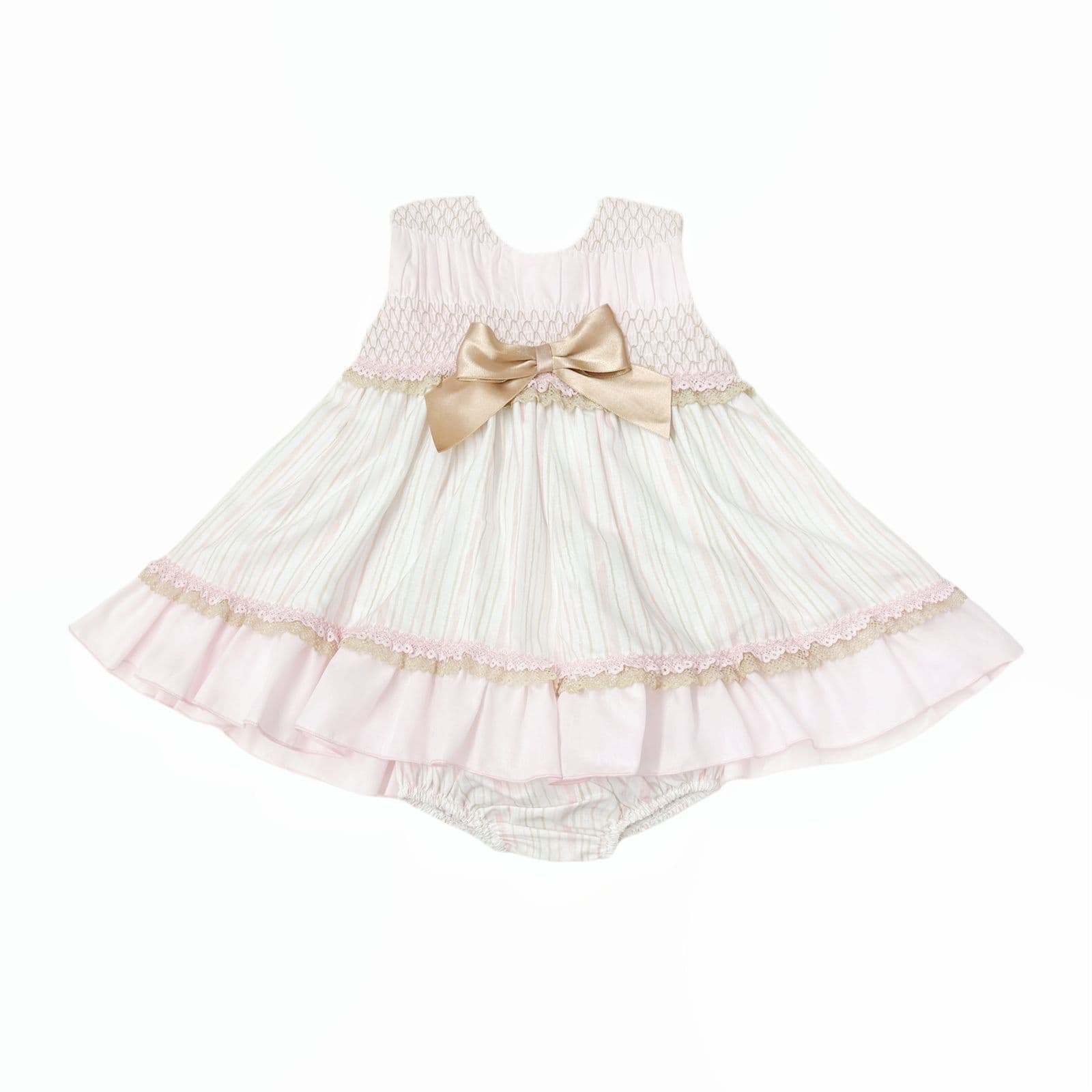*SALE* Baby Girl Beige&Camel Smocked Puff Dress with Pants "MYD2483"