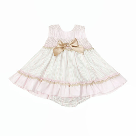 *SALE* Baby Girl Beige&Camel Smocked Puff Dress with Pants "MYD2483"