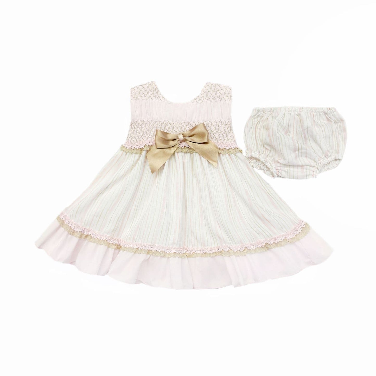 *SALE* Baby Girl Beige&Camel Smocked Puff Dress with Pants "MYD2483"