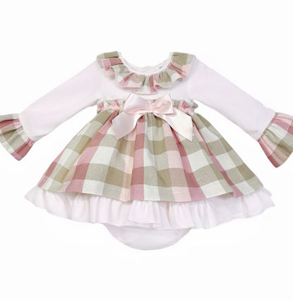 *SALE* Baby Girl Beige Checked Puff Dress with Pants "MYDB2463"