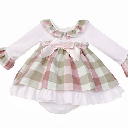 *SALE* Baby Girl Beige Checked Puff Dress with Pants "MYDB2463"