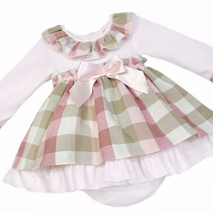 *SALE* Baby Girl Beige Checked Puff Dress with Pants "MYDB2463"