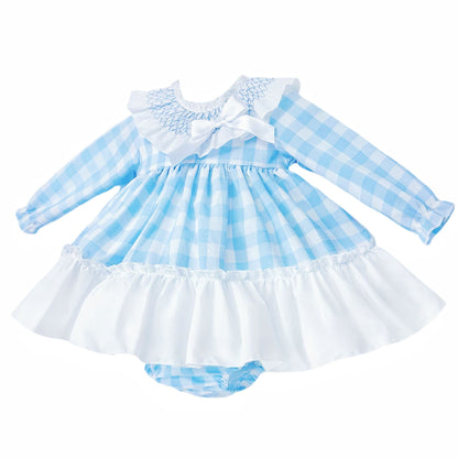 *SALE* Baby Girl Blue Checked Smock Collar Dress with Pants "MYDB2465B"