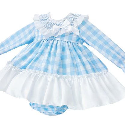 *SALE* Baby Girl Blue Checked Smock Collar Dress with Pants "MYDB2465B"