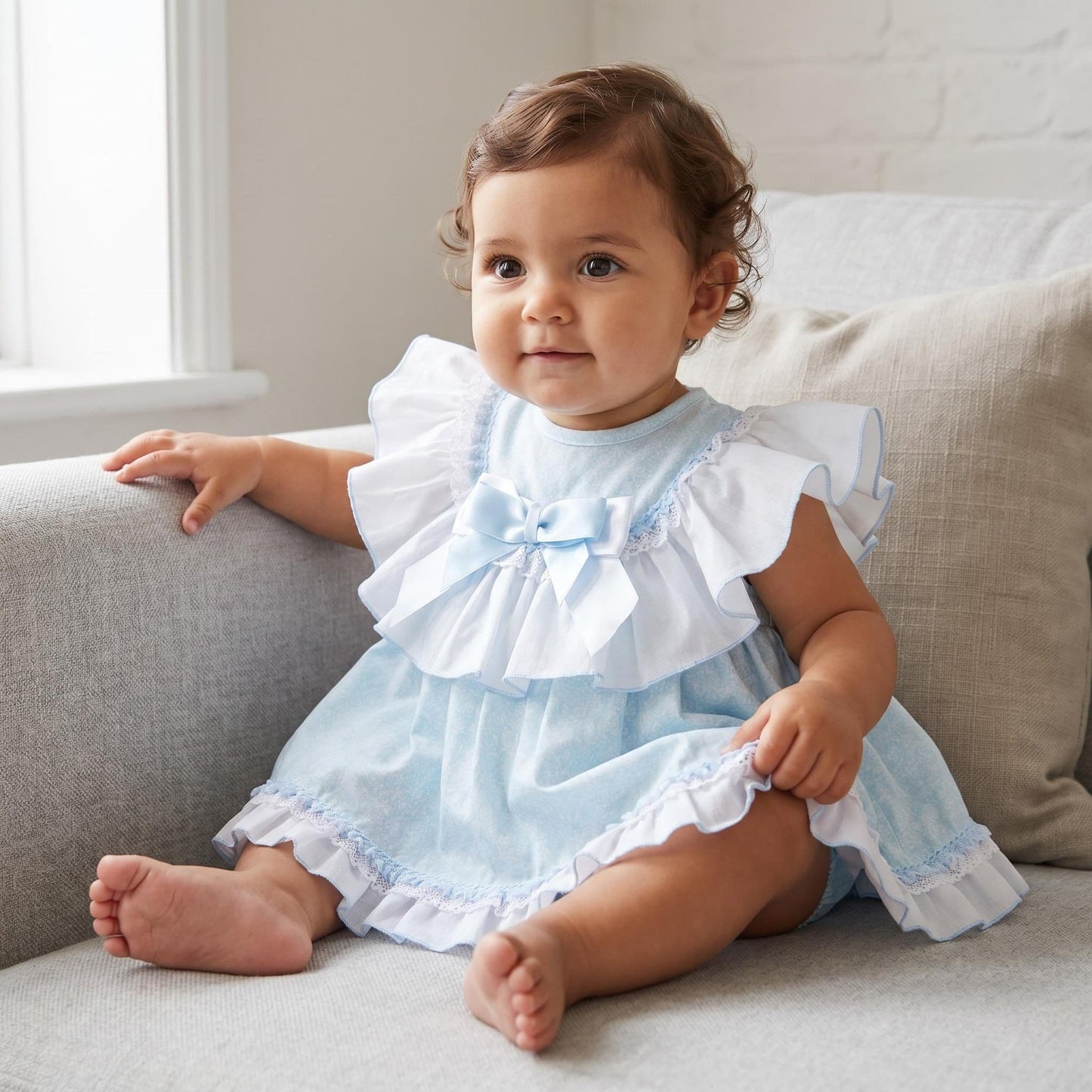 *SALE* Baby Girl Blue Floral Big Collar Puff Dress with Pants "MYD2433B"