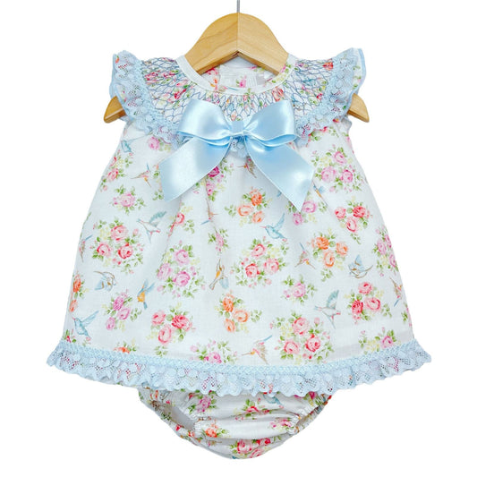 *SALE* Baby Girl Blue Floral Dress Smocked Collar with Pants "MYD2217 B"