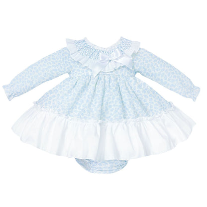 *SALE* Baby Girl Blue Floral Smocked Collar Puff Dress with Pants "MYDB2475B"