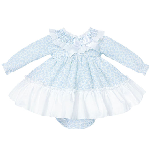 *SALE* Baby Girl Blue Floral Smocked Collar Puff Dress with Pants "MYDB2475B"
