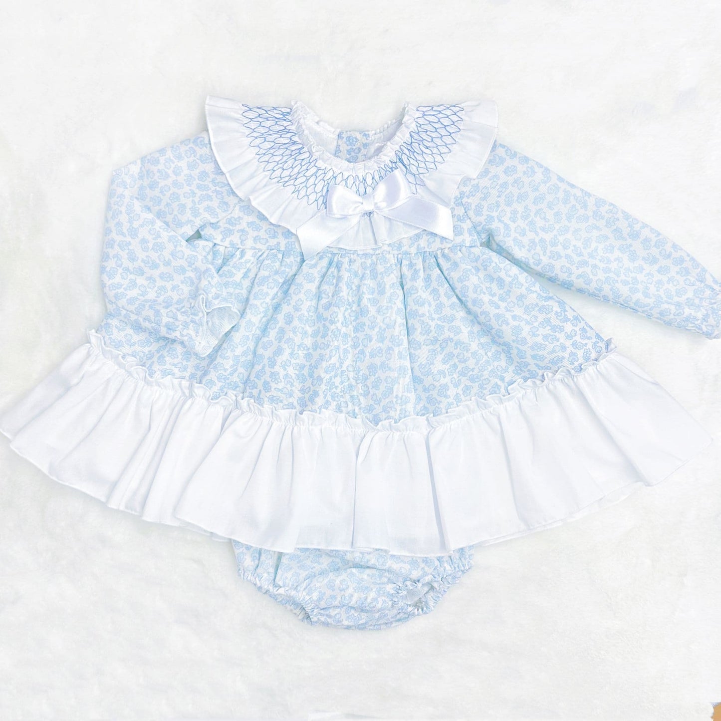*SALE* Baby Girl Blue Floral Smocked Collar Puff Dress with Pants "MYDB2475B"