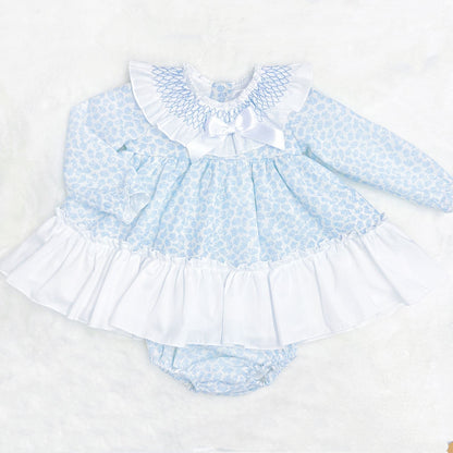 *SALE* Baby Girl Blue Floral Smocked Collar Puff Dress with Pants "MYDB2475B"