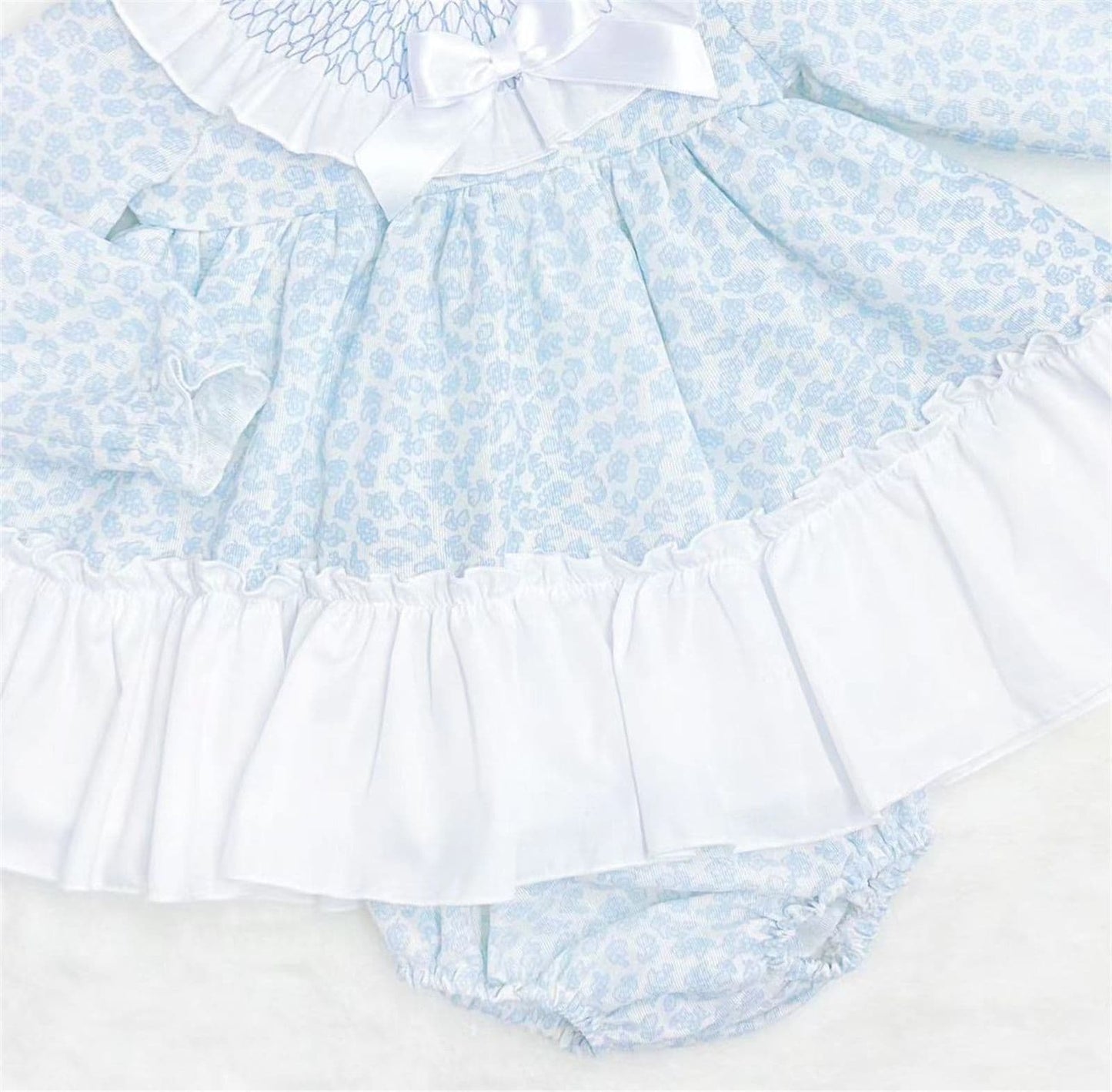 *SALE* Baby Girl Blue Floral Smocked Collar Puff Dress with Pants "MYDB2475B"