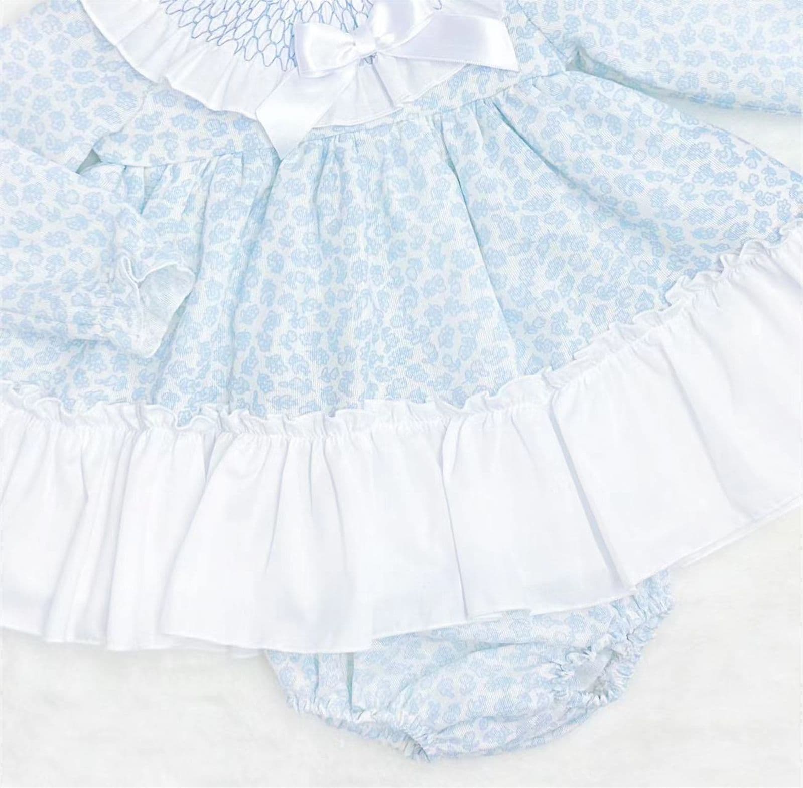 *SALE* Baby Girl Blue Floral Smocked Collar Puff Dress with Pants "MYDB2475B"