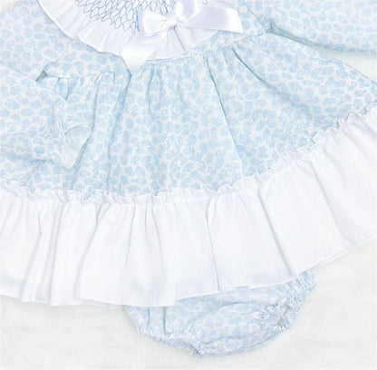 *SALE* Baby Girl Blue Floral Smocked Collar Puff Dress with Pants "MYDB2475B"