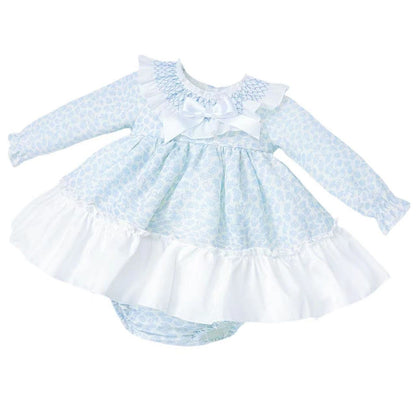 *SALE* Baby Girl Blue Floral Smocked Collar Puff Dress with Pants "MYDB2475B"