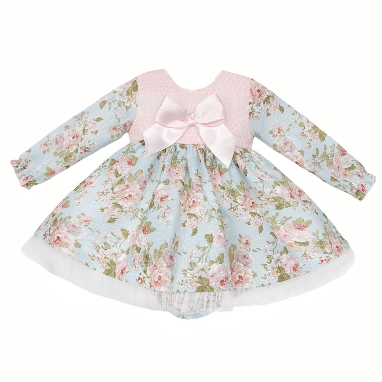 *SALE* Baby Girl Blue Pink Floral Smocked Dress with Pants "MYDB2461"