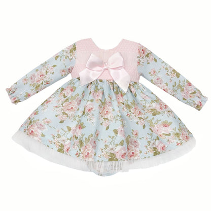 *SALE* Baby Girl Blue Pink Floral Smocked Dress with Pants "MYDB2461"