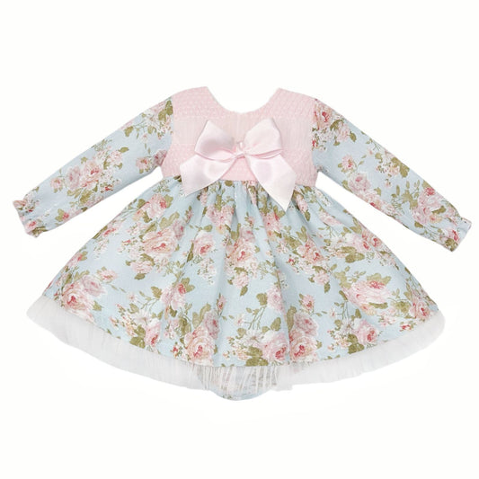 *SALE* Baby Girl Blue Pink Floral Smocked Dress with Pants "MYDB2461"