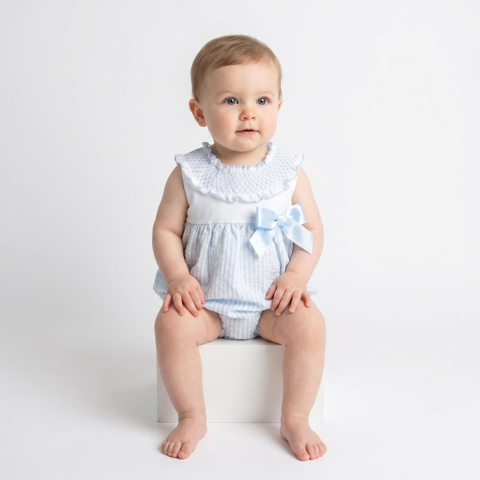 *SALE* Baby Girl Blue Stripe Smocked Collar Romper "MYD2413"