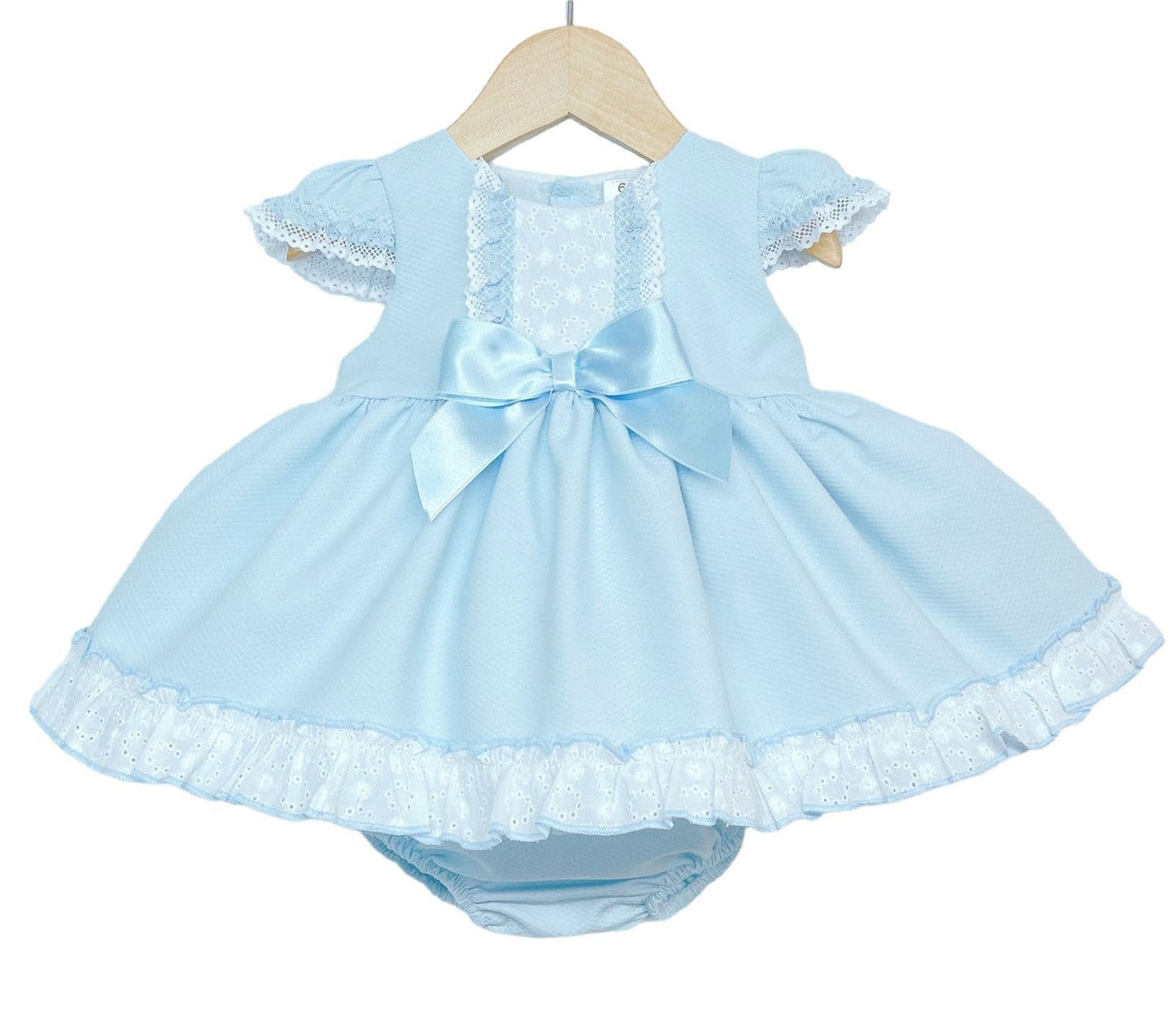 *SALE* Baby Girl Blue Waffle Puff Ball Dress with Pants Satin Bow "MYD2213B"