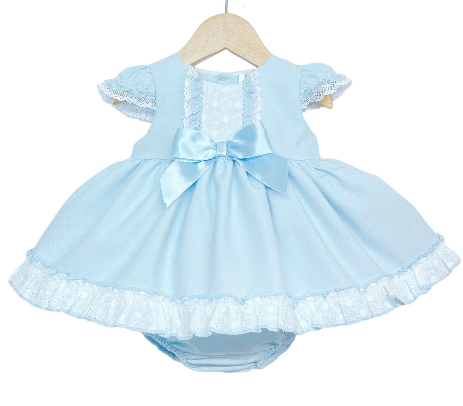 *SALE* Baby Girl Blue Waffle Puff Ball Dress with Pants Satin Bow "MYD2213B"