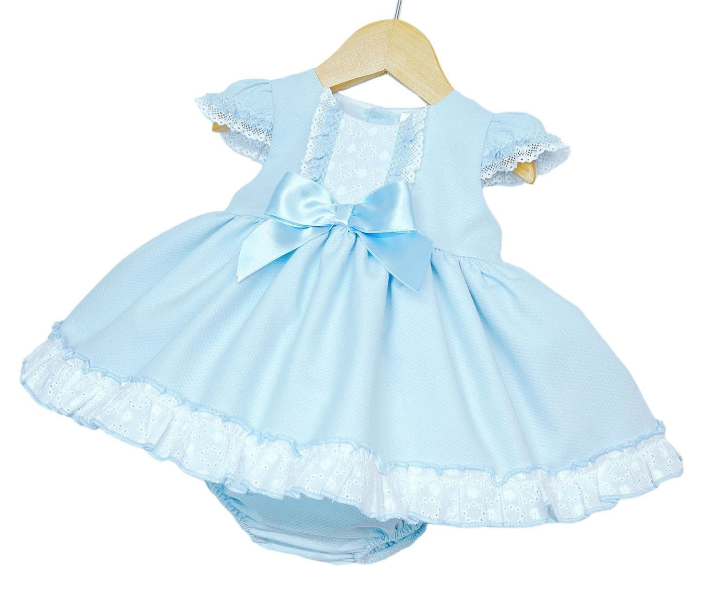 *SALE* Baby Girl Blue Waffle Puff Ball Dress with Pants Satin Bow "MYD2213B"