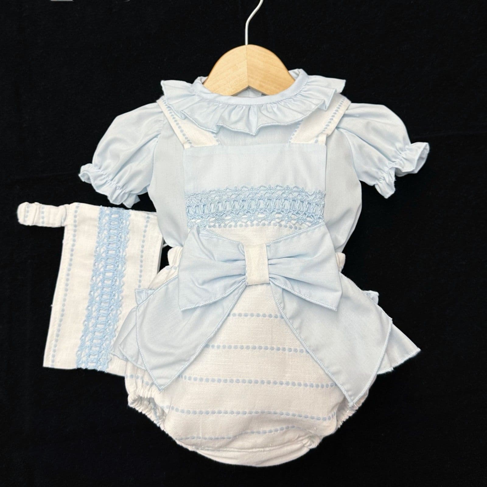 *SALE* Baby Girl Blue & White 3pc Romper Shirt Bonnet "LM1030"