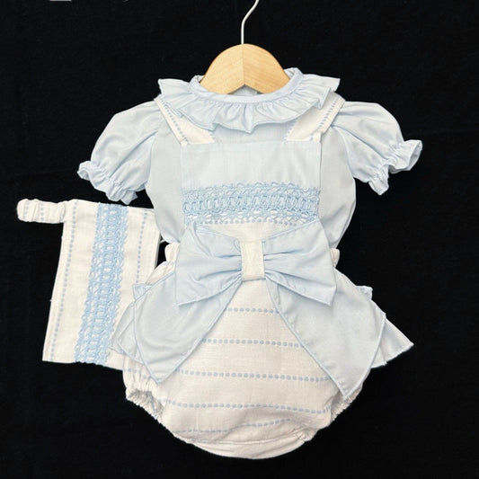 *SALE* Baby Girl Blue & White 3pc Romper Shirt Bonnet "LM1030"