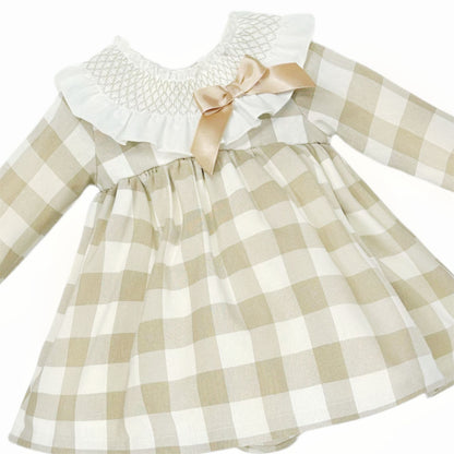 *SALE* Baby Girl Camel Check Big Frilly Collar Dress with Pants "MYDB2467C"
