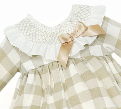 *SALE* Baby Girl Camel Check Big Frilly Collar Dress with Pants "MYDB2467C"