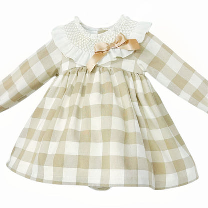 *SALE* Baby Girl Camel Check Big Frilly Collar Dress with Pants "MYDB2467C"