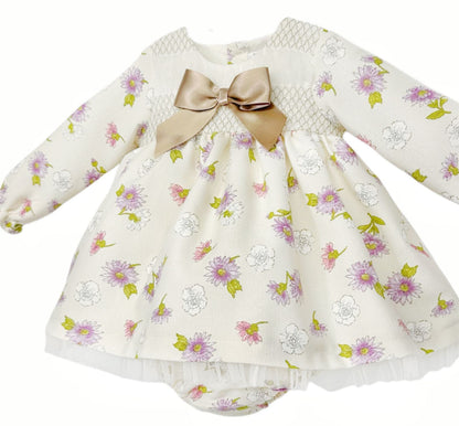 *SALE* Baby Girl Cream Floral Smocked Dress with Pants "MYDB2460"