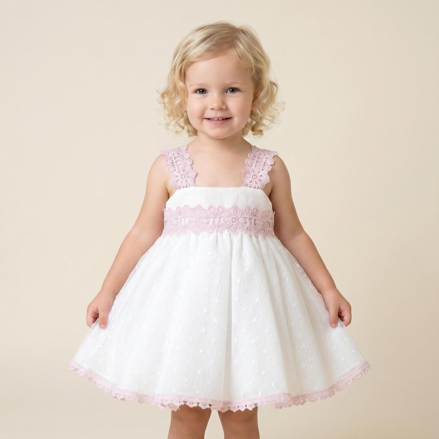 *SALE* Baby Girl Cream&Pink Sheer Puff Ball Dress with Pants "MYD2403"