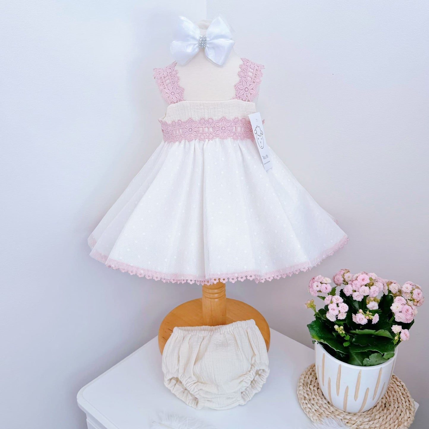 *SALE* Baby Girl Cream&Pink Sheer Puff Ball Dress with Pants "MYD2403"