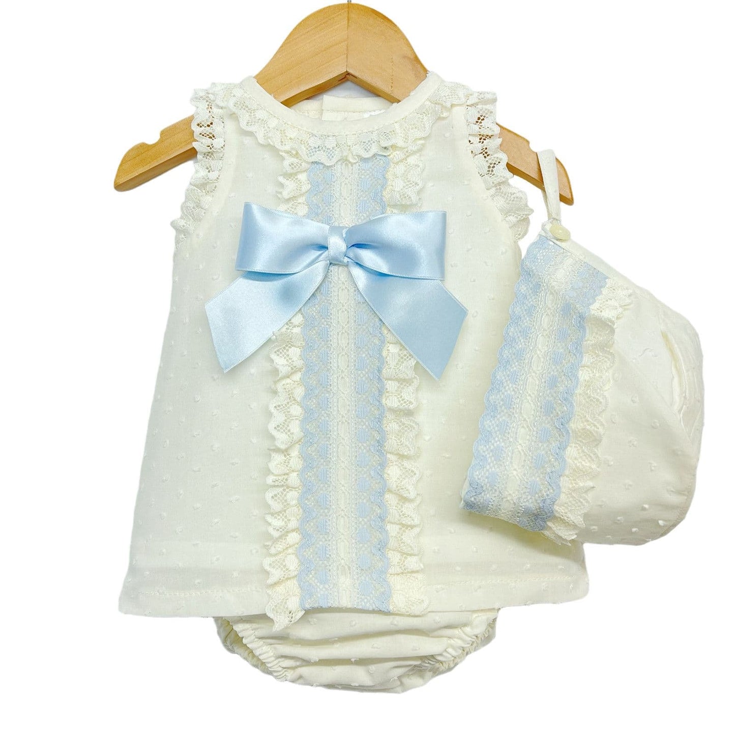 *SALE* Baby Girl Cream Spanish Cream A line Lacey Dress 3 Pieces "P1554 Blue"