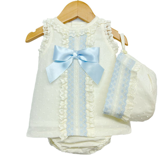 *SALE* Baby Girl Cream Spanish Cream A line Lacey Dress 3 Pieces "P1554 Blue"