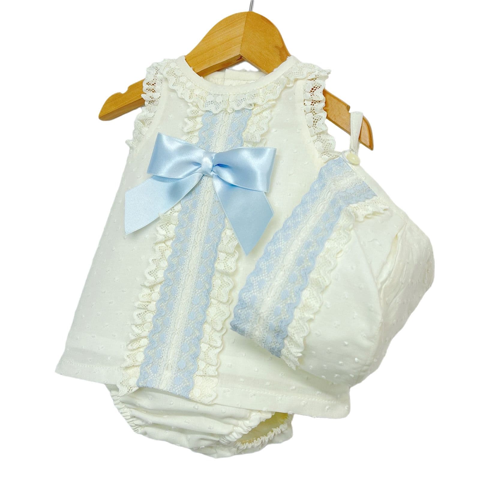 *SALE* Baby Girl Cream Spanish Cream A line Lacey Dress 3 Pieces "P1554 Blue"