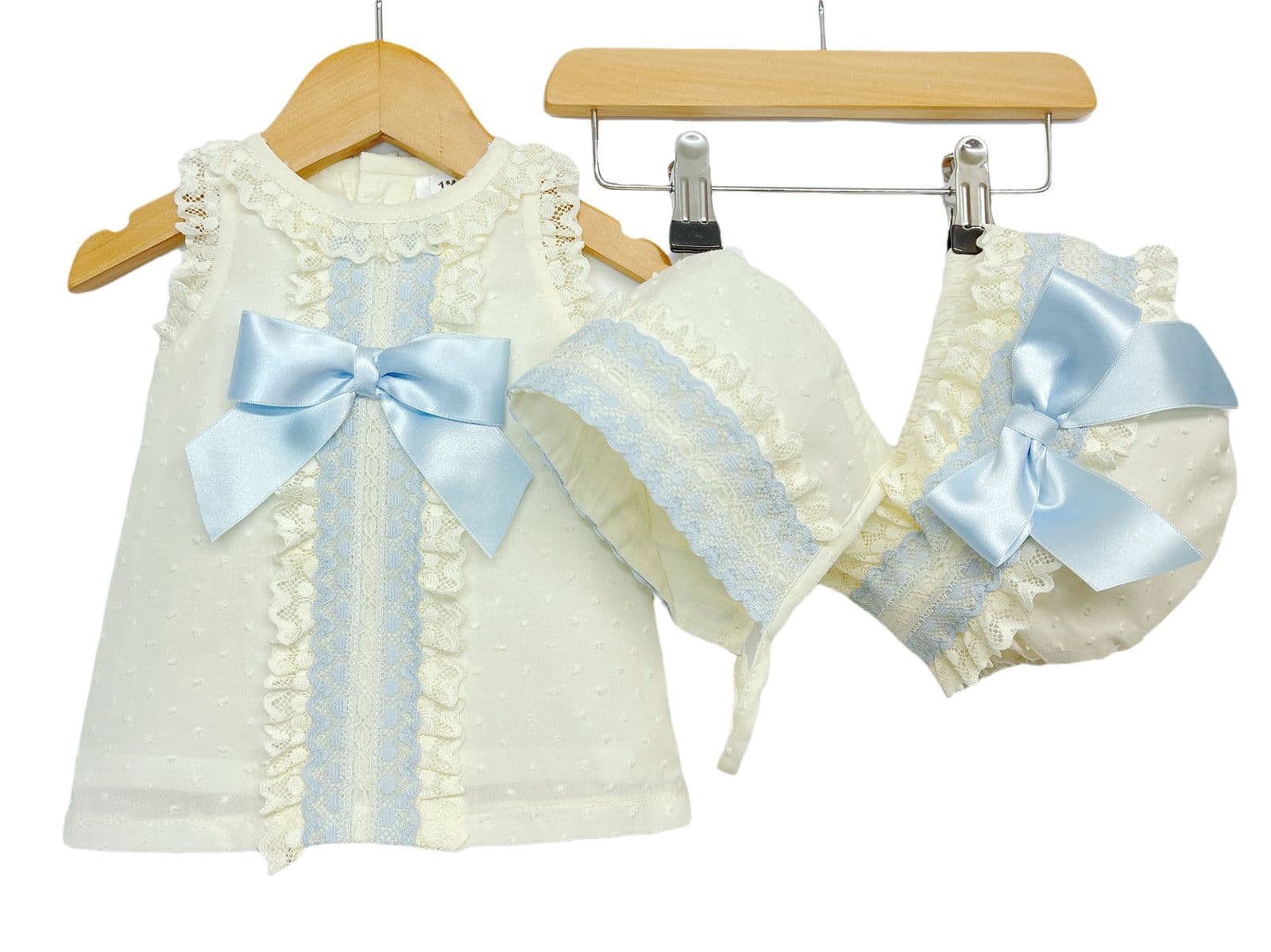 *SALE* Baby Girl Cream Spanish Cream A line Lacey Dress 3 Pieces "P1554 Blue"