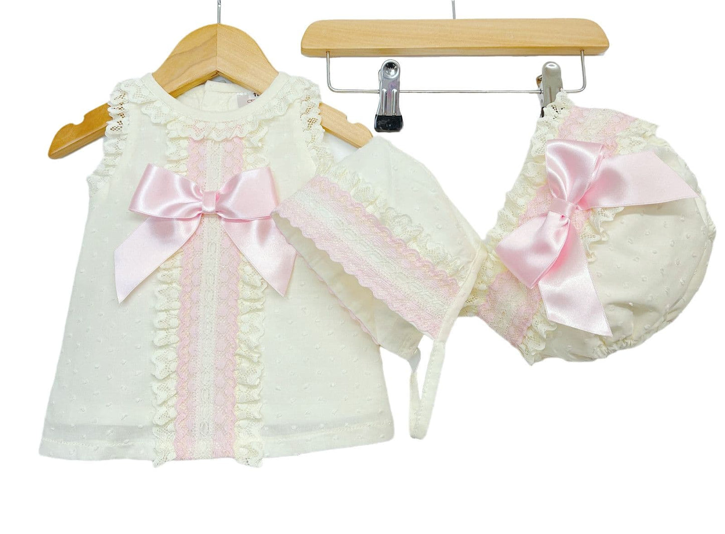 *SALE* Baby Girl Cream Spanish Cream A line Lacey Dress 3 Pieces "P1554 Pink"
