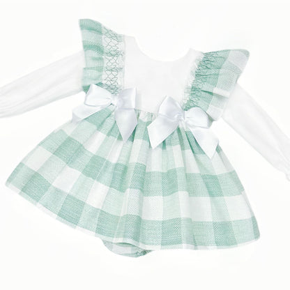 *SALE* Baby Girl Green Checked Puff Dress with Pants "MYDB2498G"