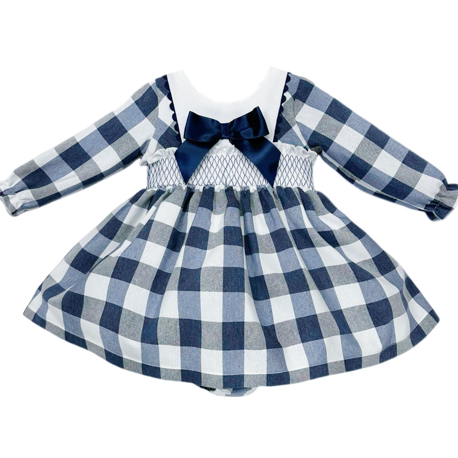 *SALE* Baby Girl Navy Checked Smocked Puff Dress with Pants "MYDB2481"