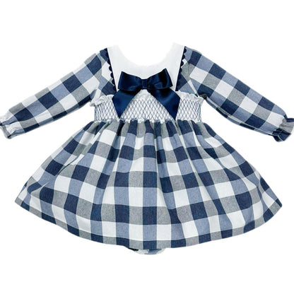 *SALE* Baby Girl Navy Checked Smocked Puff Dress with Pants "MYDB2481"