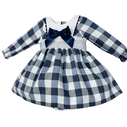 *SALE* Baby Girl Navy Checked Smocked Puff Dress with Pants "MYDB2481"