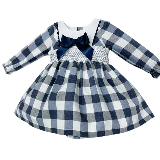 *SALE* Baby Girl Navy Checked Smocked Puff Dress with Pants "MYDB2481"